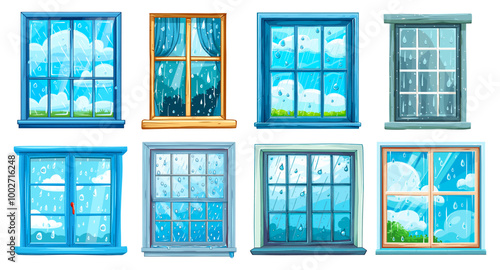 Rain outside window. Cartoon windows frames with raindrops on glass, autumn summer or spring rain outdoor home interior frame cartoon set vector illustration