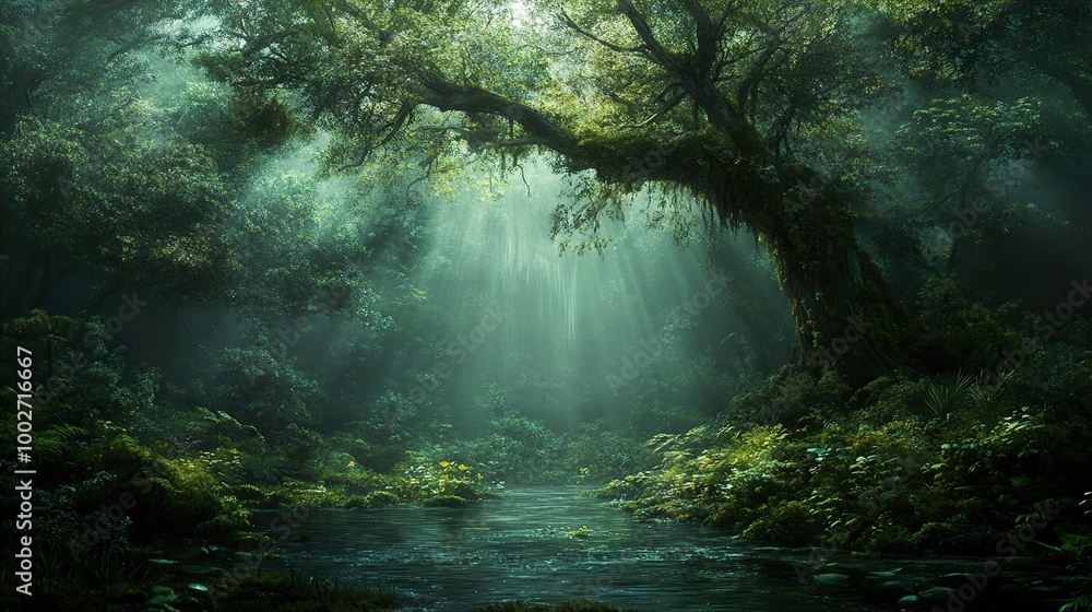 Lush Green Forest with Sunlight Streaming Through Lush Green Forest with Sunlight Streaming Through