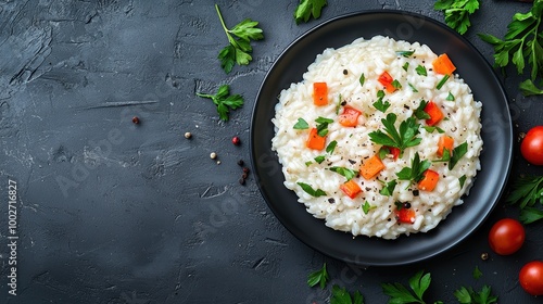 Creamy Gourmet Vegetable Risotto with Fresh Herbs and Colorful Vegetables on Stylish Plate.