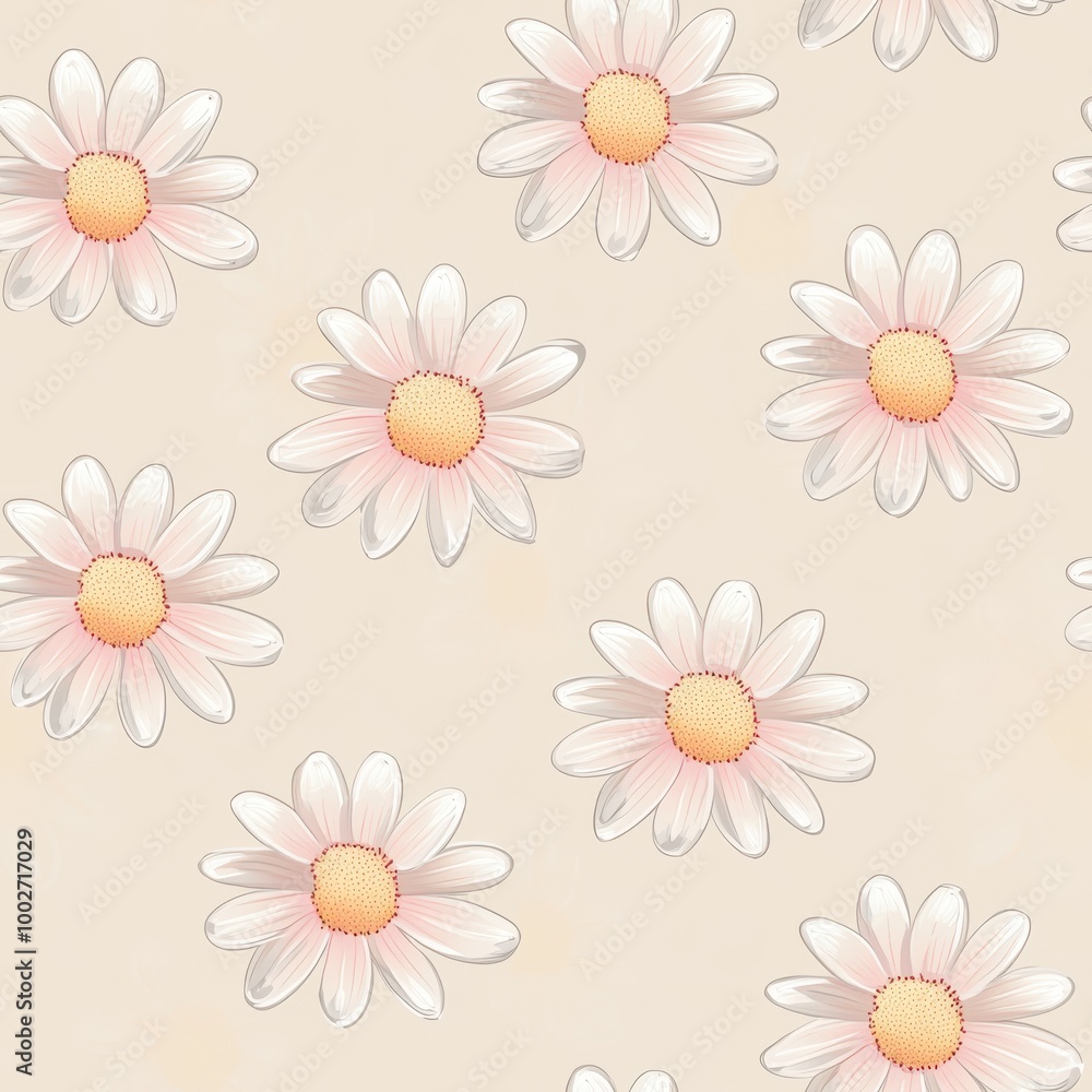 Bright and cheerful pattern featuring delicate daisies on a soft beige background, perfect for design and decoration projects. Bright and cheerful pattern featuring delicate daisies on a soft beige background, perfect for design and decoration projects.