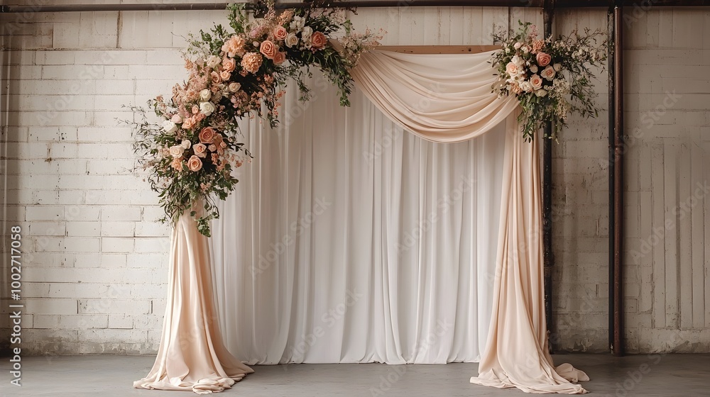 Elegant and minimalist fabric arch backdrop with clean flowing lines and delicate floral arrangements in blush and pink colors Versatile design for wedding ceremonies events Elegant and minimalist fabric arch backdrop with clean flowing lines and delicate floral arrangements in blush and pink colors Versatile design for wedding ceremonies events