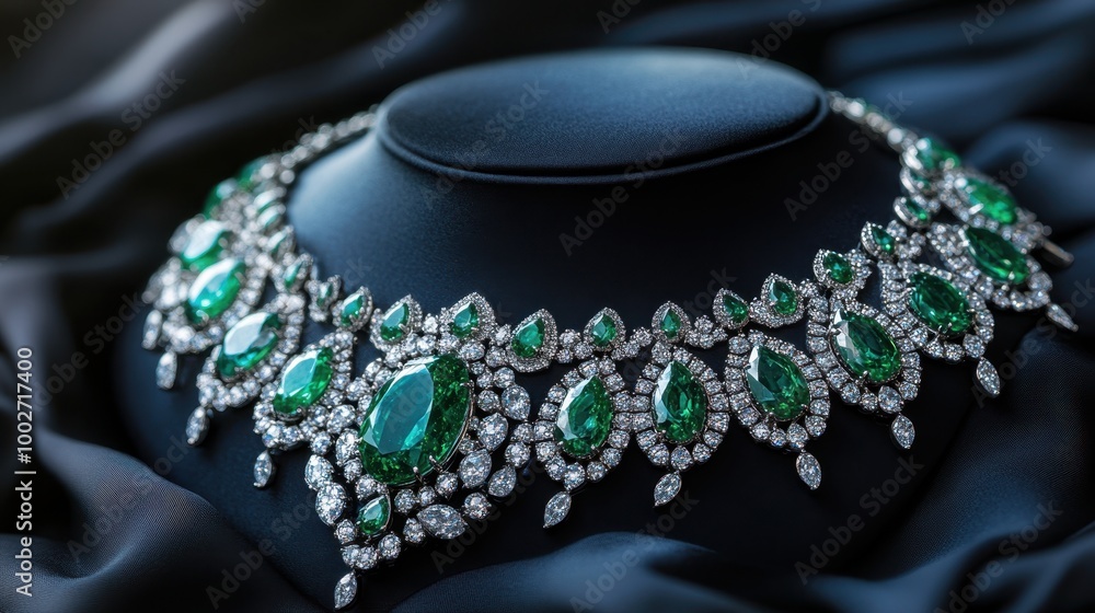 A stunning emerald and diamond necklace displayed on a soft, dark background, This image is perfect for luxury jewelry marketing, fashion blogs, and online shops focusing on elegant accessories, A stunning emerald and diamond necklace displayed on a soft, dark background, This image is perfect for luxury jewelry marketing, fashion blogs, and online shops focusing on elegant accessories,