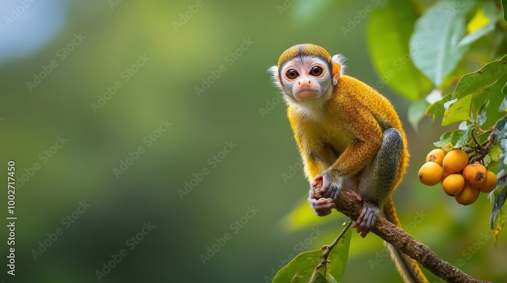 Obraz premium A spider monkey reaching for fruits high up in the jungle canopy