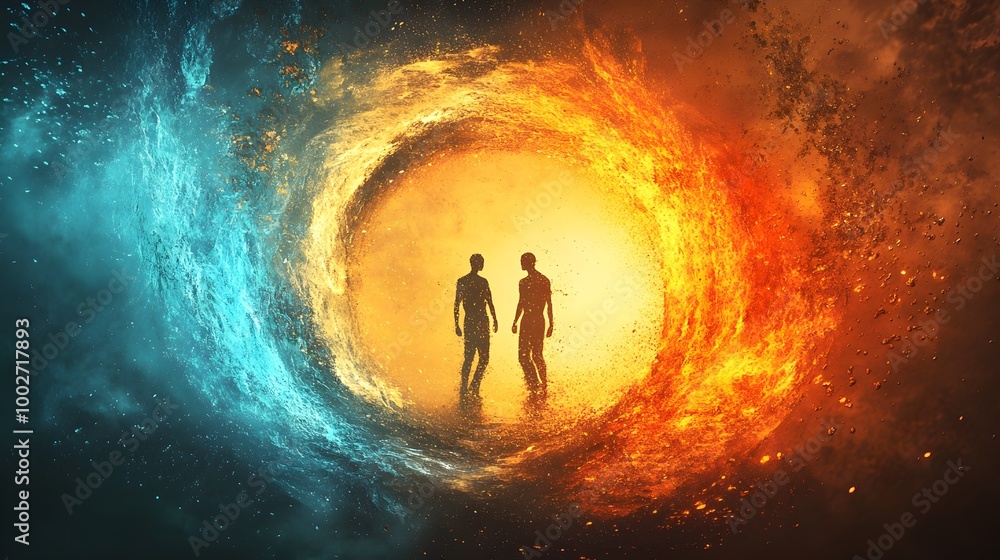 Fototapeta premium A conceptual illustration of a circle of figures, each dissolving and reforming, representing the endless loop of birth, death, and rebirth, with fiery and watery elements merging. Symbolism