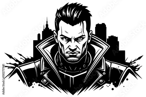 guy with a raincoat with a high collar in cyber punk style