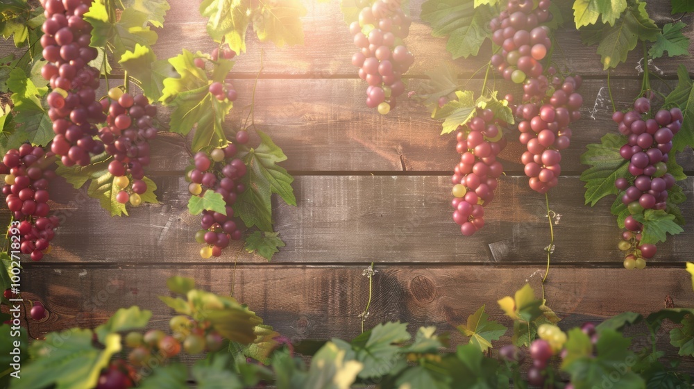 Fototapeta premium Grape fruit on vine in plantation farm gardent with wooden background