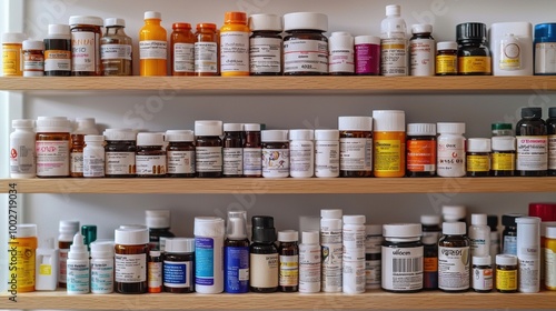 Neatly Organized Shelves with Various Containers Bottles and Supplements