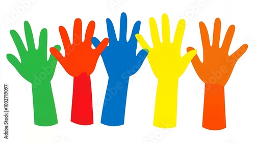 Five colorful hands raised high.