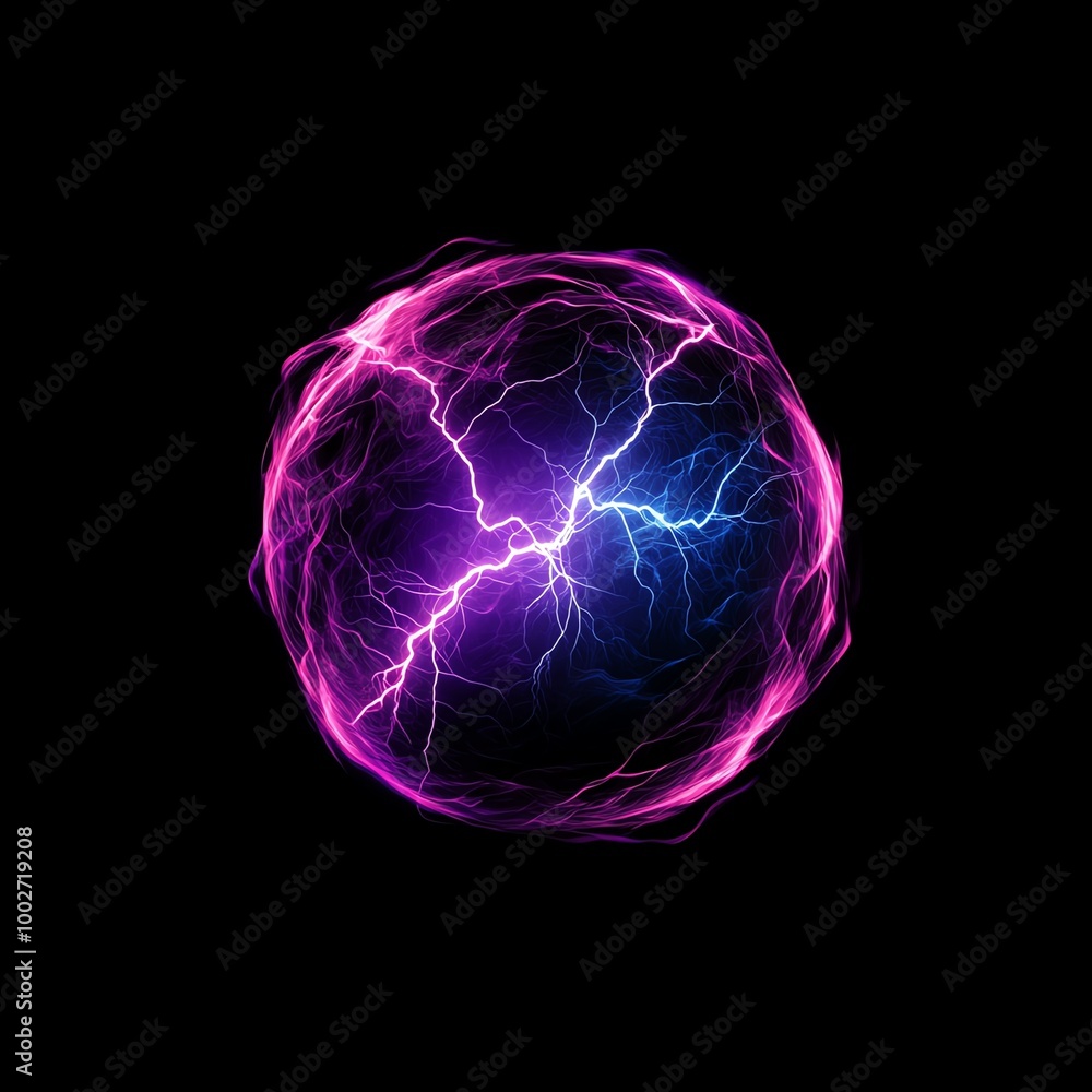 Glowing electric plasma ball with purple and blue lightning on black background Glowing electric plasma ball with purple and blue lightning on black background