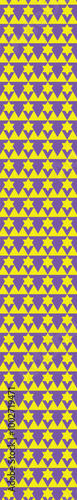 A vibrant abstract pattern featuring alternating yellow and purple shapes arranged in a repetitive geometric design.