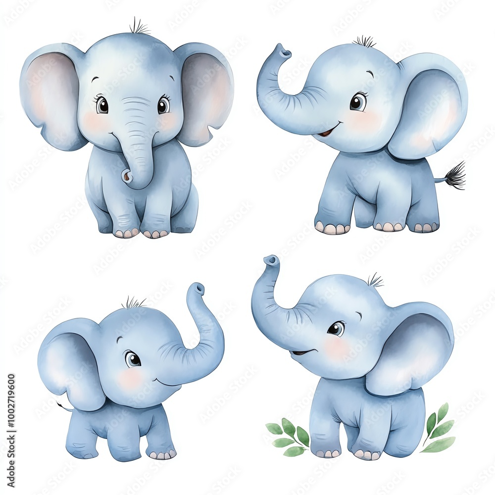 Obraz premium Cute blue cartoon elephants, white isolate background