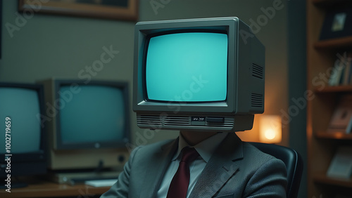 Businessman wearing a vintage computer monitor on their head