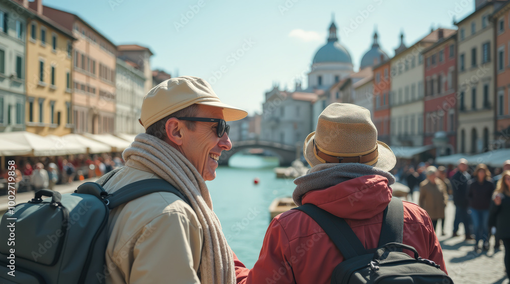 Fototapeta premium Senior Travelers Exploring Europe: Scenic Photography of Elderly Couples Enjoying City Adventures, Landmarks, and Cultural Tours on a European Vacation