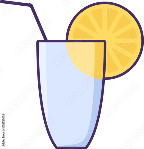 Vector highball cocktail glass with a tube and a lemon slice for cocktails in a bright outline style. Tableware for picnics, trips, banquettes, public institutions, and catering establishments. Packag