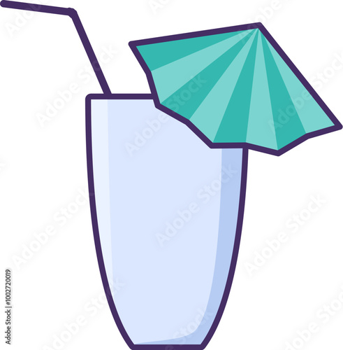 Vector milkshake or cocktail glass with a tube and a cocktail umbrella for milkshakes, juice, cocktails in a bright outline style. Tableware for picnics, trips, banquettes, public institutions, and ca