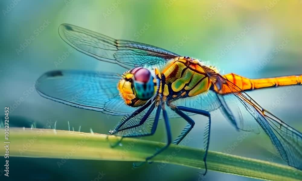 Dragonfly is perched on a leaf. The dragonfly is yellow and blue. The background is green. hyperrealistic Video Dragonfly is perched on a leaf. The dragonfly is yellow and blue. The background is green. hyperrealistic Video