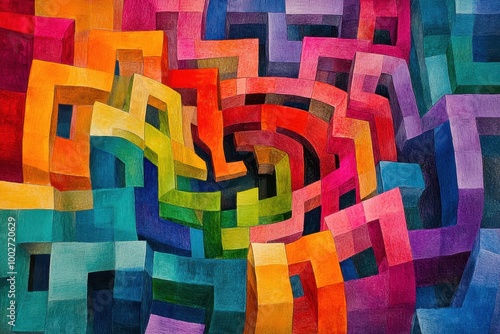 Abstract Geometric Painting with Interlocking Shapes and Vibrant Colors photo