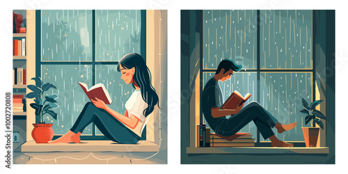 Reading on windowsill. Woman and man sitting on windowsills read book rain outside window, hone education relax in cozy room interior cartoon vector illustration