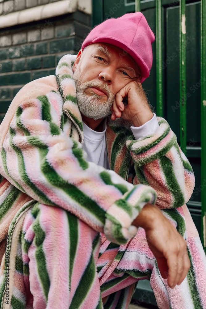 A man in a pastel striped fuzzy coat and pink hat sits thoughtfully on an urban street. A bold and quirky take on contemporary street fashion. A man in a pastel striped fuzzy coat and pink hat sits thoughtfully on an urban street. A bold and quirky take on contemporary street fashion.