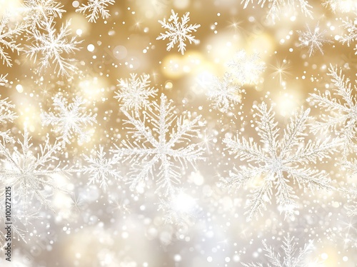 A festive background with gold and white snowflakes, bokeh lights, and a soft gray-gold color scheme.