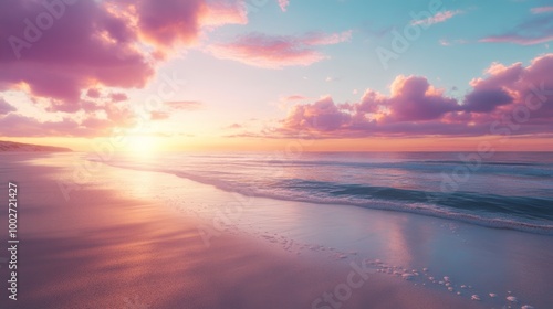 A serene beach at sunset, the sky glowing with vibrant colors photo