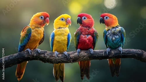 Vibrant Parrots Perched on a Branch in a Tropical Setting