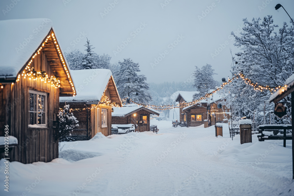 Winter village covered in snow, with cozy wooden cabins adorned in glowing lights Winter village covered in snow, with cozy wooden cabins adorned in glowing lights