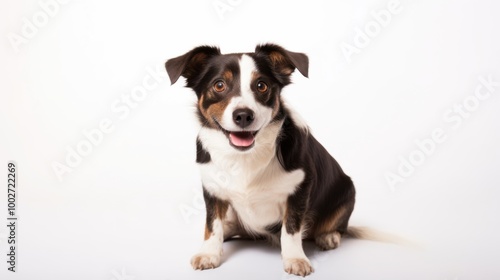 A small, cute brown, black, and white dog sits in a studio, looking adorably at the camera.