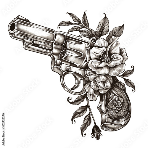 Revolver flowers tattoo. Vintage pistol, isolated revolvers sketch retro gun drawing army firearm weapon western cowboy handgun antique shooter vector illustration