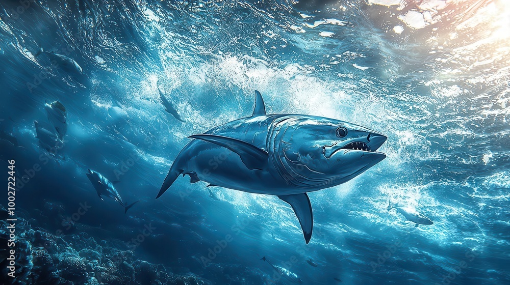 Fototapeta premium A majestic shark swimming through crystal-clear waters,showcasing its powerful form and natural beauty