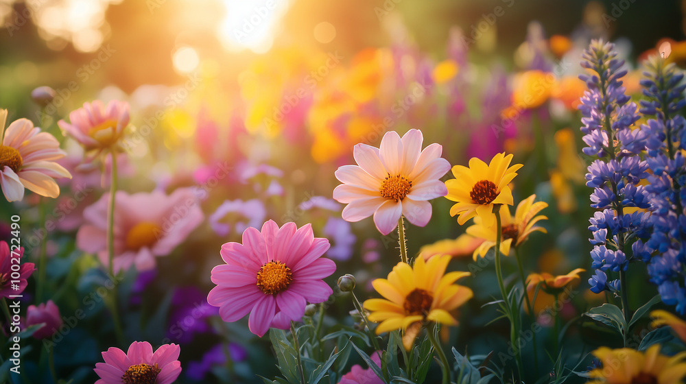 A colorful flower garden at sunrise with vivid pink, yellow, and purple blooms, bathed in warm sunlight. The scene is full of life, with the colors of the flowers popping against the greenery. A colorful flower garden at sunrise with vivid pink, yellow, and purple blooms, bathed in warm sunlight. The scene is full of life, with the colors of the flowers popping against the greenery.