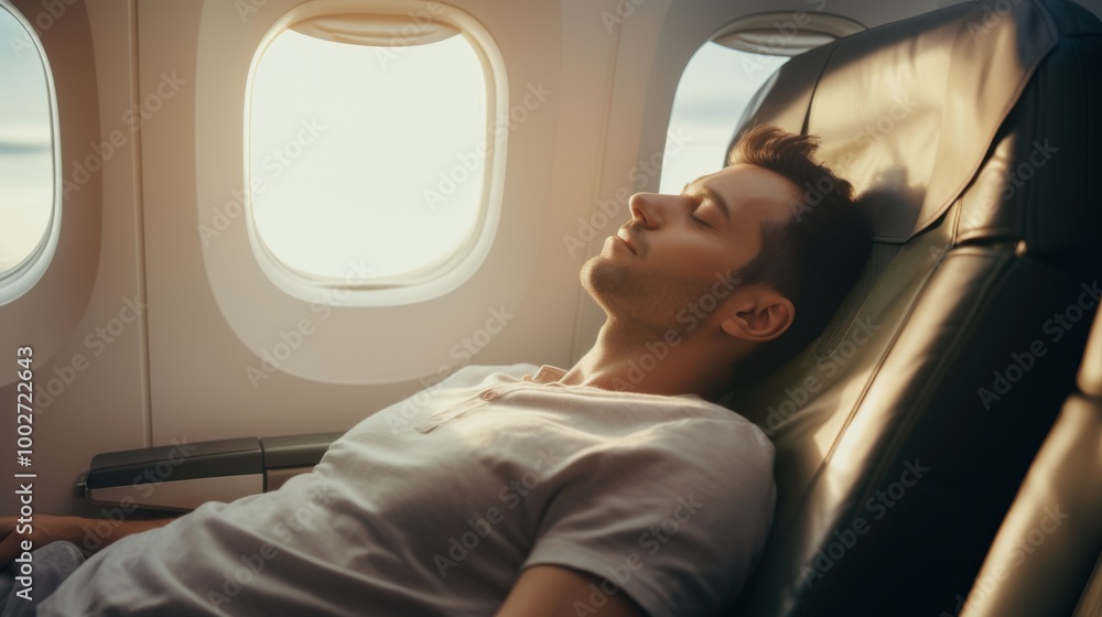 A calm man is peacefully sleeping in a seat by the airplane window, bathed in soft, warm sunlight. A calm man is peacefully sleeping in a seat by the airplane window, bathed in soft, warm sunlight.