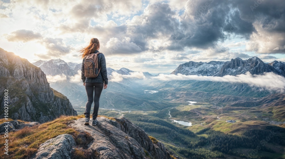 Obraz premium Woman hiking on scenic mountain trail, overlooking vast green valleys and distant peaks, for tourism and travel advertisement