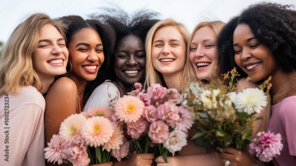 A joyful group of five diverse young women holding flowers, smiling brightly, and embracing each other outdoors. A joyful group of five diverse young women holding flowers, smiling brightly, and embracing each other outdoors.