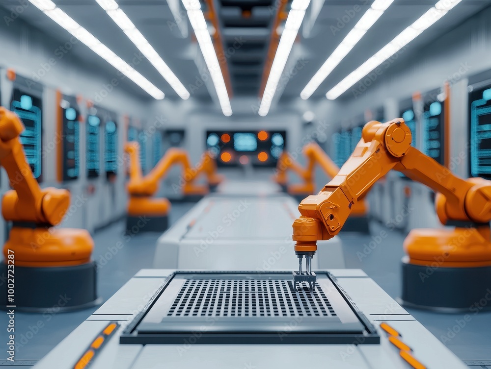 Advanced manufacturing plant using 3D printing technology, robotic assistants moving components, and smart control rooms monitoring efficiency Advanced manufacturing plant using 3D printing technology, robotic assistants moving components, and smart control rooms monitoring efficiency