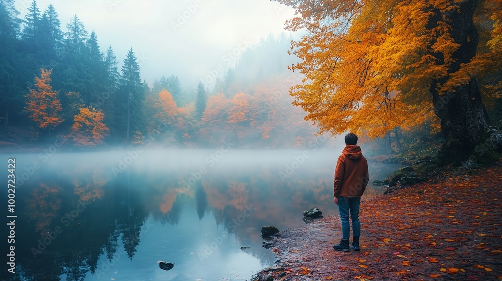 A person gazes at a tranquil lake surrounded by autumn trees with vibrant foliage during a misty morning in a peaceful forest A person gazes at a tranquil lake surrounded by autumn trees with vibrant foliage during a misty morning in a peaceful forest
