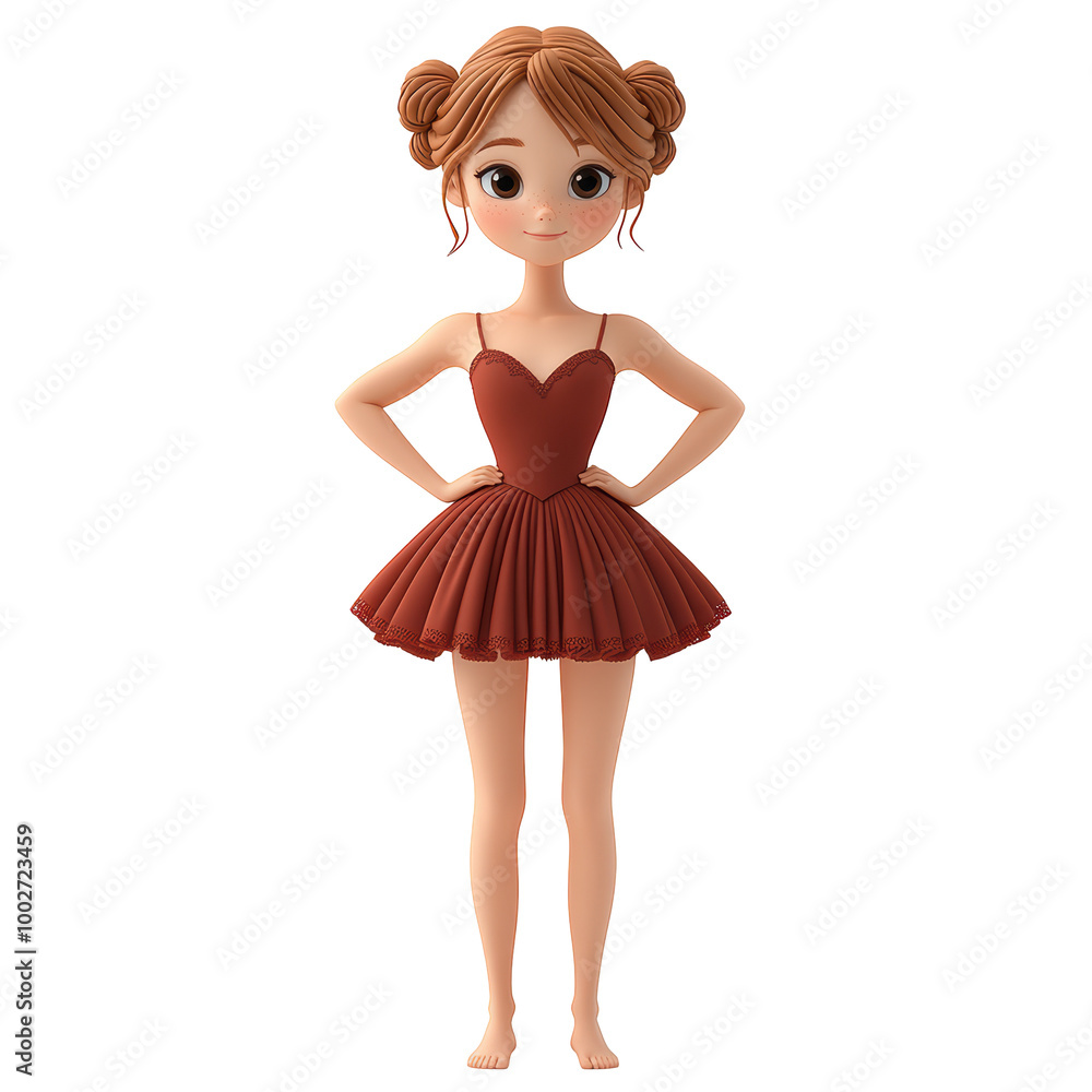 Charming 3D Cartoon Dancer in Red Dress with White Background Charming 3D Cartoon Dancer in Red Dress with White Background