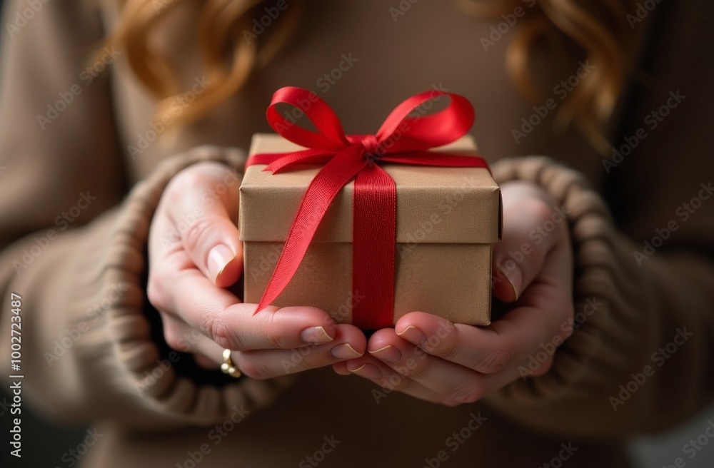 Merry Christmas! Hands in cozy knitted sweater holding wrapped christmas gift with red bow at christmas tree with lights. Stylish female with present in festive decorated scandinavian room close up Merry Christmas! Hands in cozy knitted sweater holding wrapped christmas gift with red bow at christmas tree with lights. Stylish female with present in festive decorated scandinavian room close up