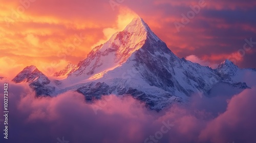 During twilight, golden hues transform the snowy summit of the mountain into a breathtaking spectacle, enveloped in soft clouds and vibrant colors