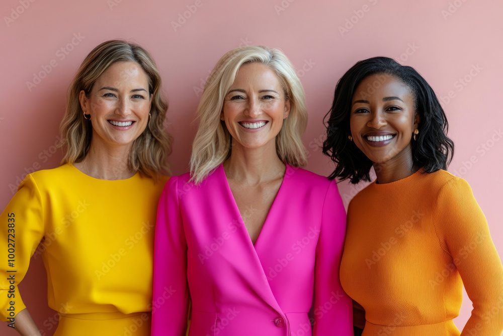 Diverse group of women standing close and smiling brightly. Unity and friendship Diverse group of women standing close and smiling brightly. Unity and friendship