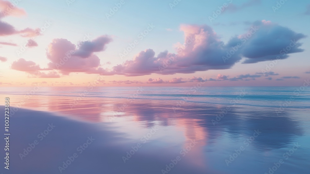 A tranquil beach at dusk, vibrant sky reflecting on the water A tranquil beach at dusk, vibrant sky reflecting on the water