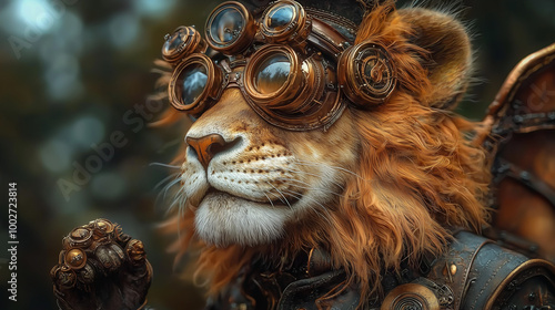 A majestic lion in a steampunk outfit with bronze goggles, a top hat, and mechanical wings. Its mane is interwoven with copper gears and cogs.