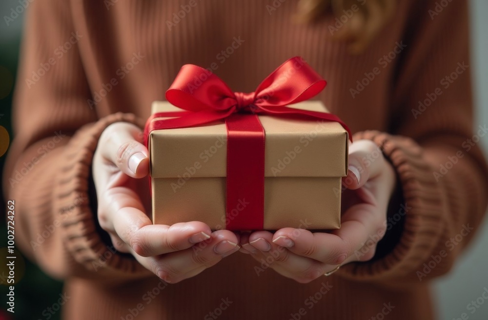 Merry Christmas! Hands in cozy knitted sweater holding wrapped christmas gift with red bow at christmas tree with lights. Stylish female with present in festive decorated scandinavian room close up Merry Christmas! Hands in cozy knitted sweater holding wrapped christmas gift with red bow at christmas tree with lights. Stylish female with present in festive decorated scandinavian room close up
