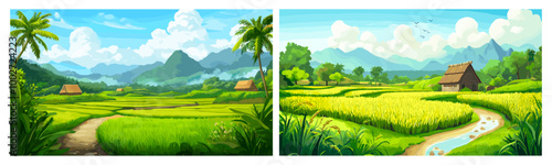Rice field landscape. Rices farming plantation cartoon panoramic scenery, farmland harvest meadow with rural houses tropical china india or indonesia village vector illustration