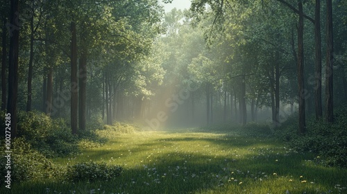 A tranquil forest clearing at dawn, with light mist lingering among the trees and faint sunlight filtering through