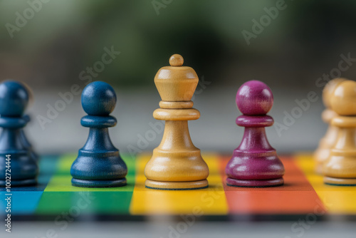 Bright and colorful chess pieces. Strategic gameplay, creative design in a playful setting