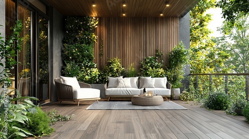 Modern terrace lounge with plants and wooden wall design