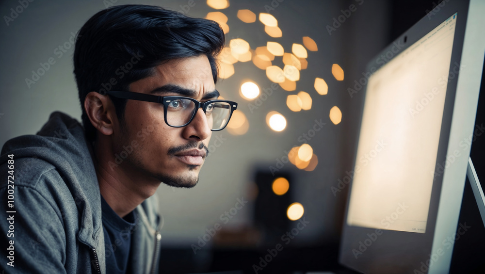 Ragazzo indiano davanti allo schermo del suo computer Ragazzo indiano davanti allo schermo del suo computer
