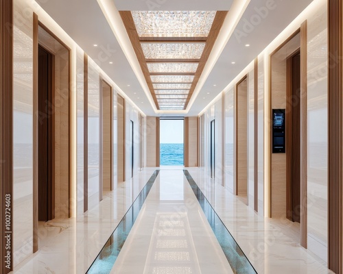 A grand yacht lobby with shimmering crystal chandeliers, glass flooring revealing the ocean beneath, and smart touch panels controlling ambiance photo