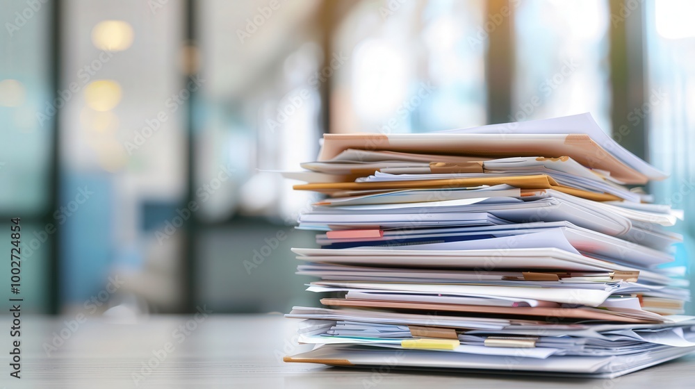 Overwhelmed Workspace, a chaotic collection of disorganized documents, with a blurred backdrop of a busy office, reflecting the stress of a heavy workload. Overwhelmed Workspace, a chaotic collection of disorganized documents, with a blurred backdrop of a busy office, reflecting the stress of a heavy workload.